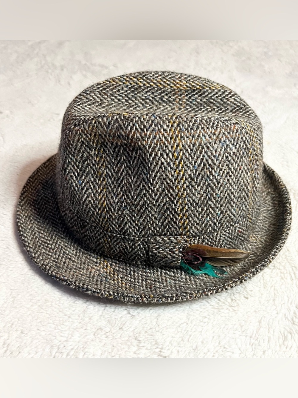 Vintage Donegal Tweed Ireland Wool Fedora Hat with Feather Accent - Gray & Brown